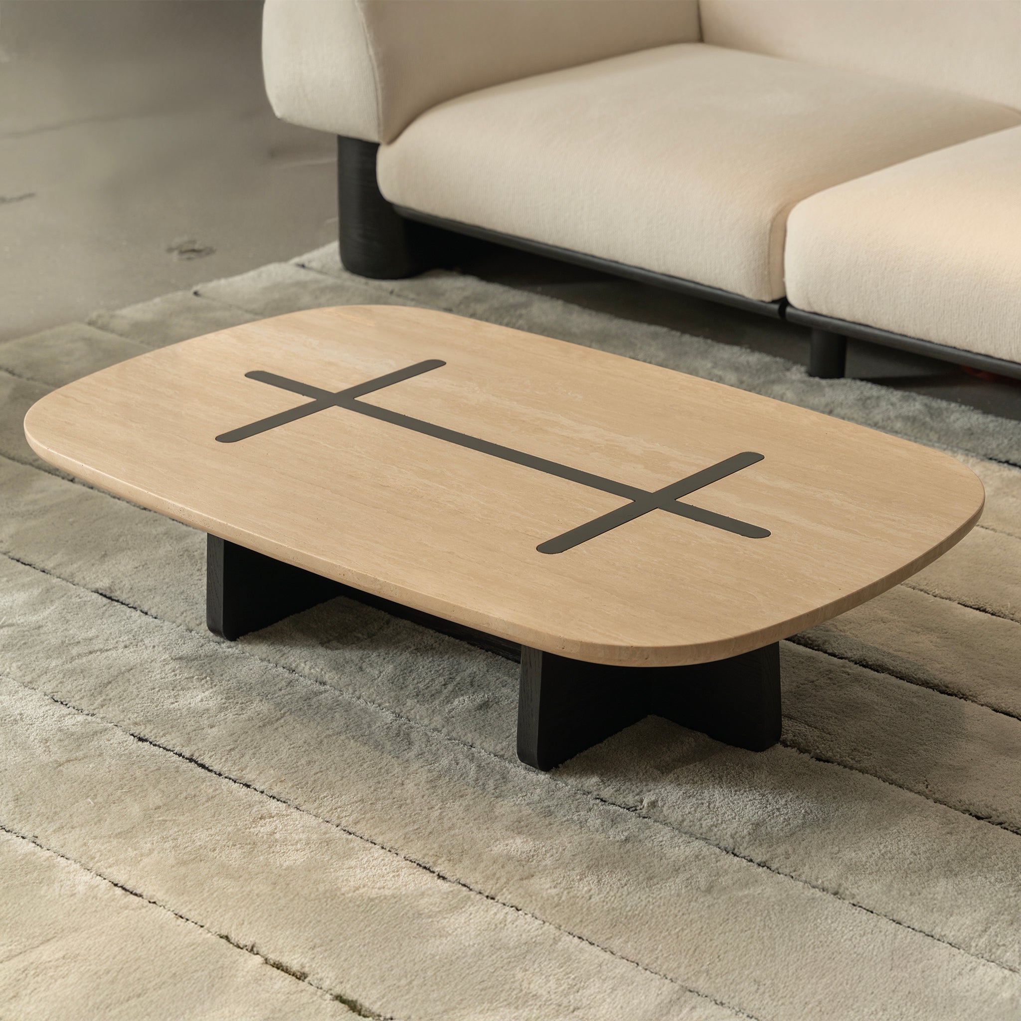 Travertine and Black Coffee Table